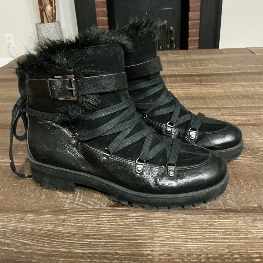 Nine West Orynne black leather suede winter boots faux fur Sz 8.5